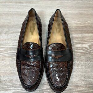 Johnston & Murphy Brown Leather Woven Slip On Penny Loafer Italy sz 10.5 M